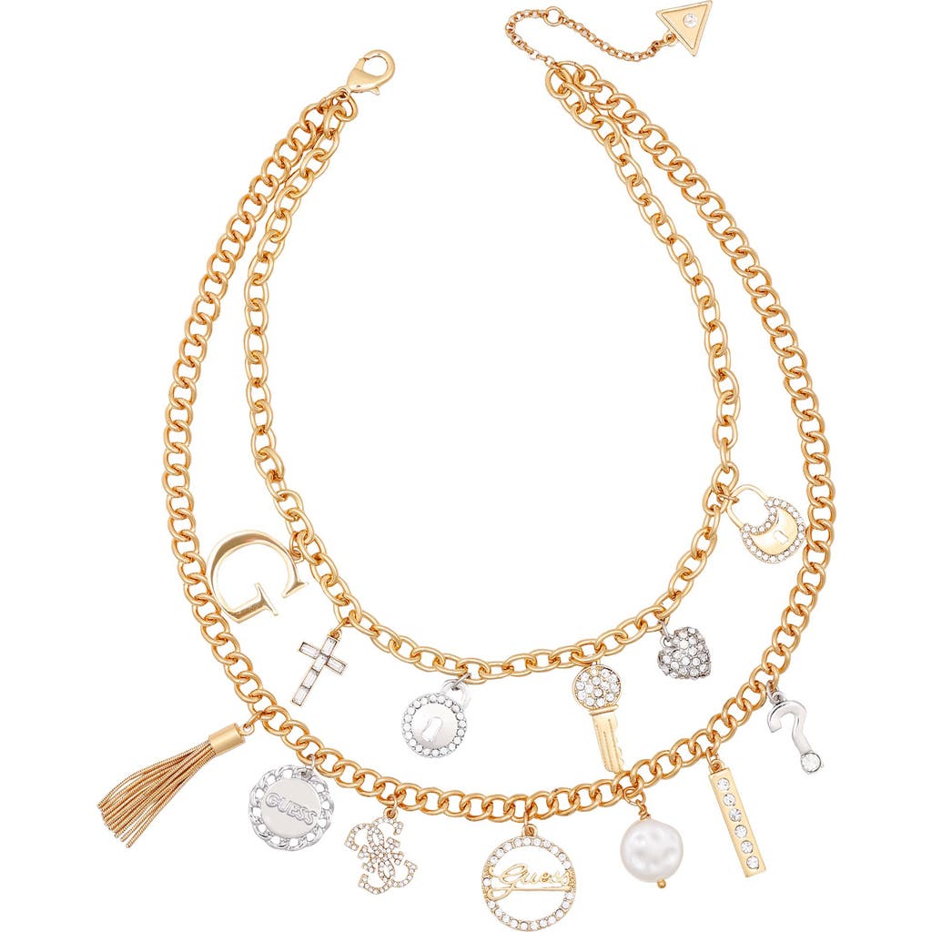 Guess Crystal Charm Layered Necklace In Gold