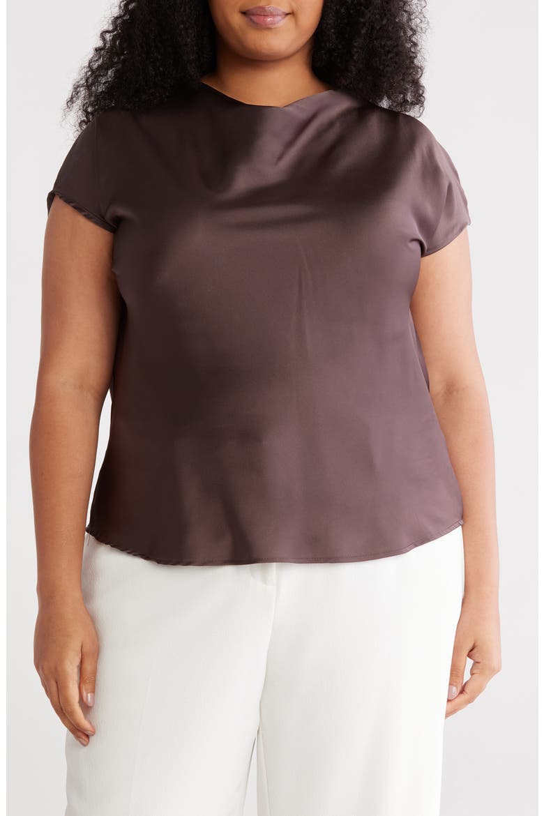 Cowl Neck Short Sleeve Satin Top, Main, color, BROWN