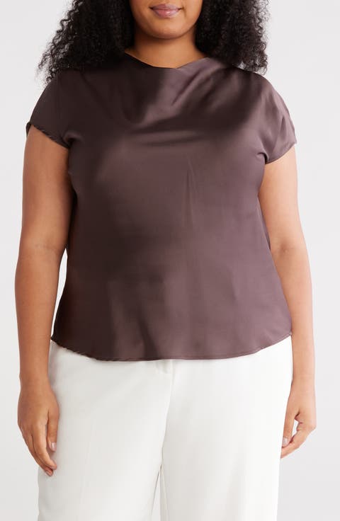 Cowl Neck Short Sleeve Satin Top (Plus)