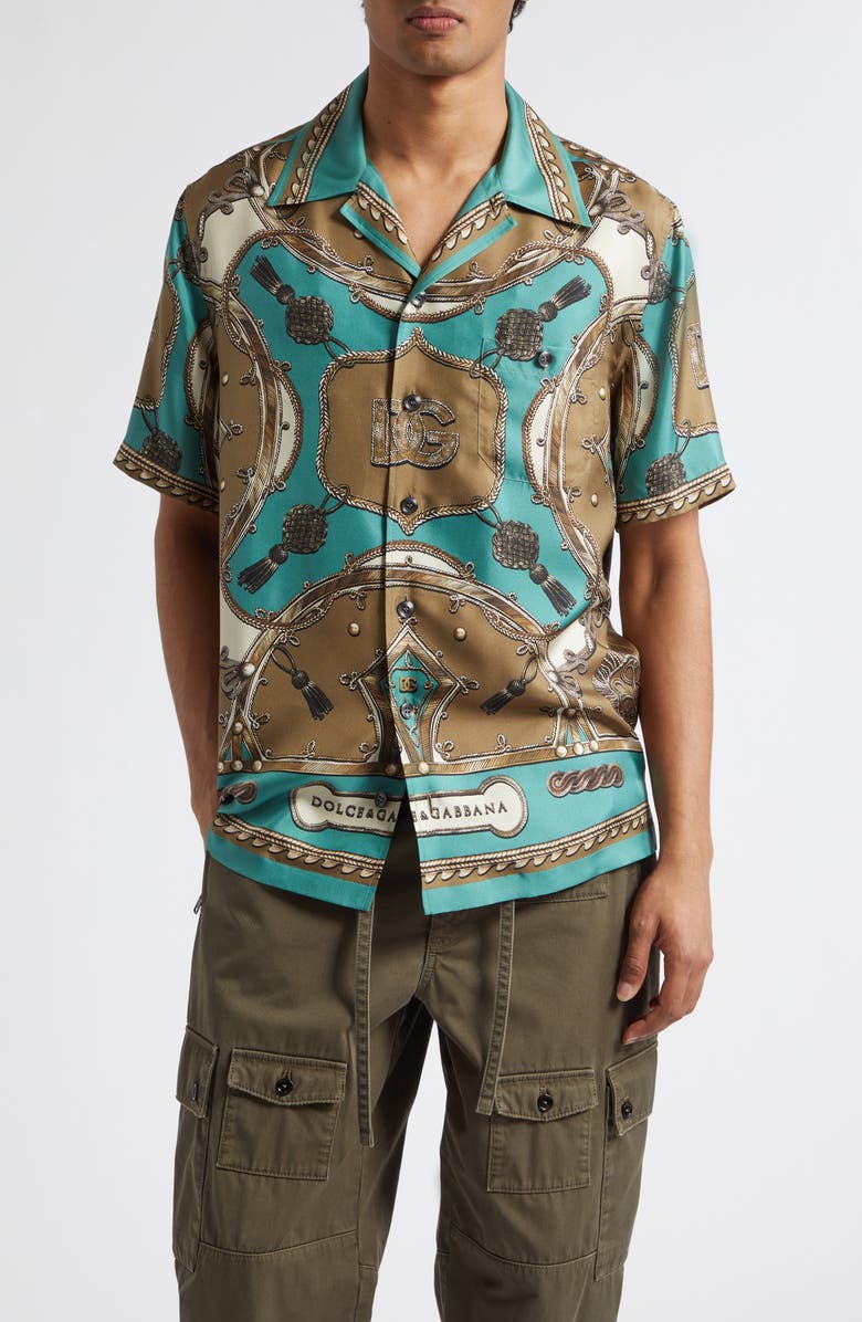 Dolce&Gabbana Cargo Print Washed Silk Twill Camp Shirt, Main, color, Corde/ Nappe F.verdon
