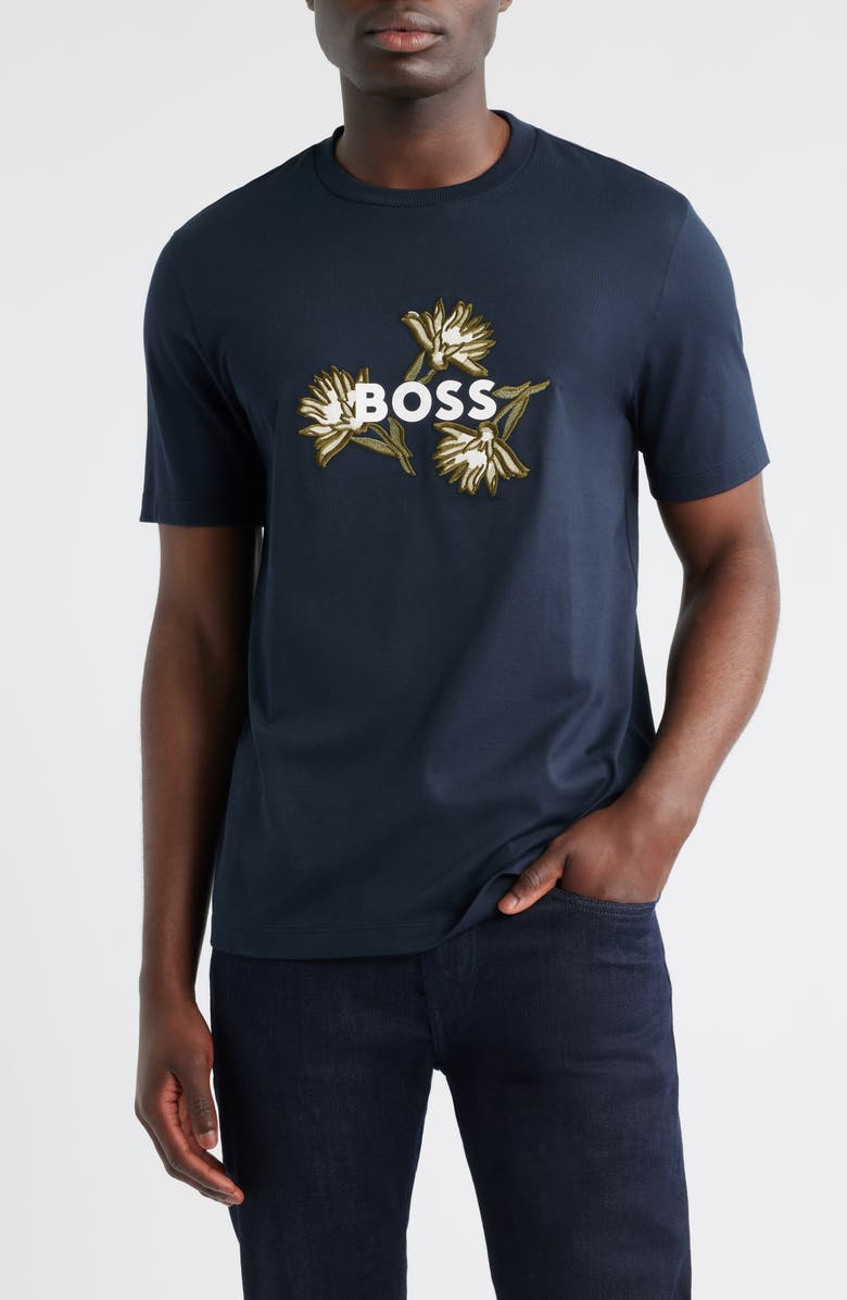 BOSS Thompson Floral Logo Cotton Graphic T-Shirt, Main, color, Dark Blue