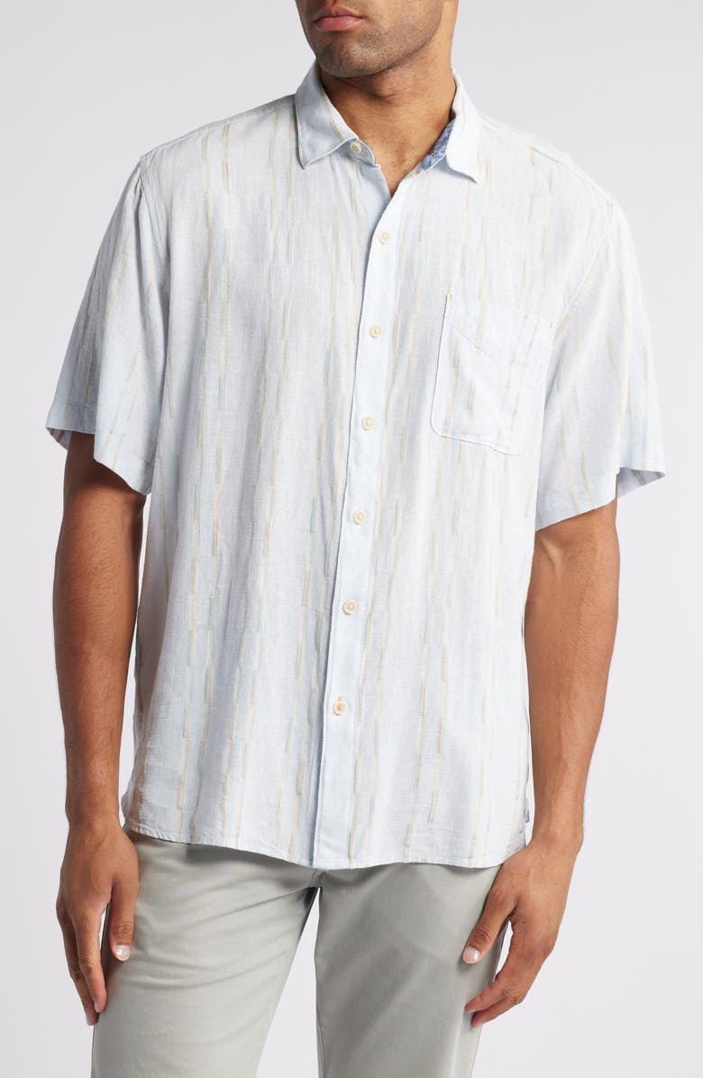 Tommy Bahama Sonora Stripe Short Sleeve Linen Blend Button-Up Shirt, Main, color, Dew Drop