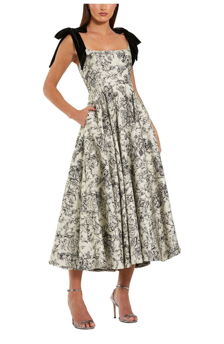 Mac Duggal Women's Floral Brocade A-Line Midi Dress with Bow Straps, Main, color, Black Multi