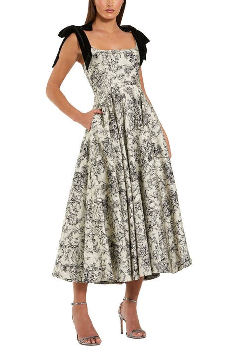 Women's Floral Brocade A-Line Midi Dress with Bow Straps