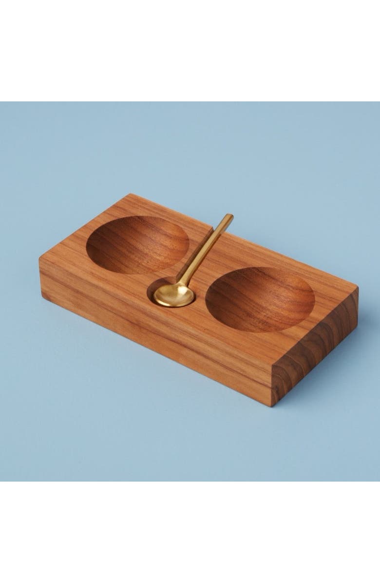 Be Home Teak Plank Salt and Pepper Cellar with Gold Spoon, Alternate, color, Natural