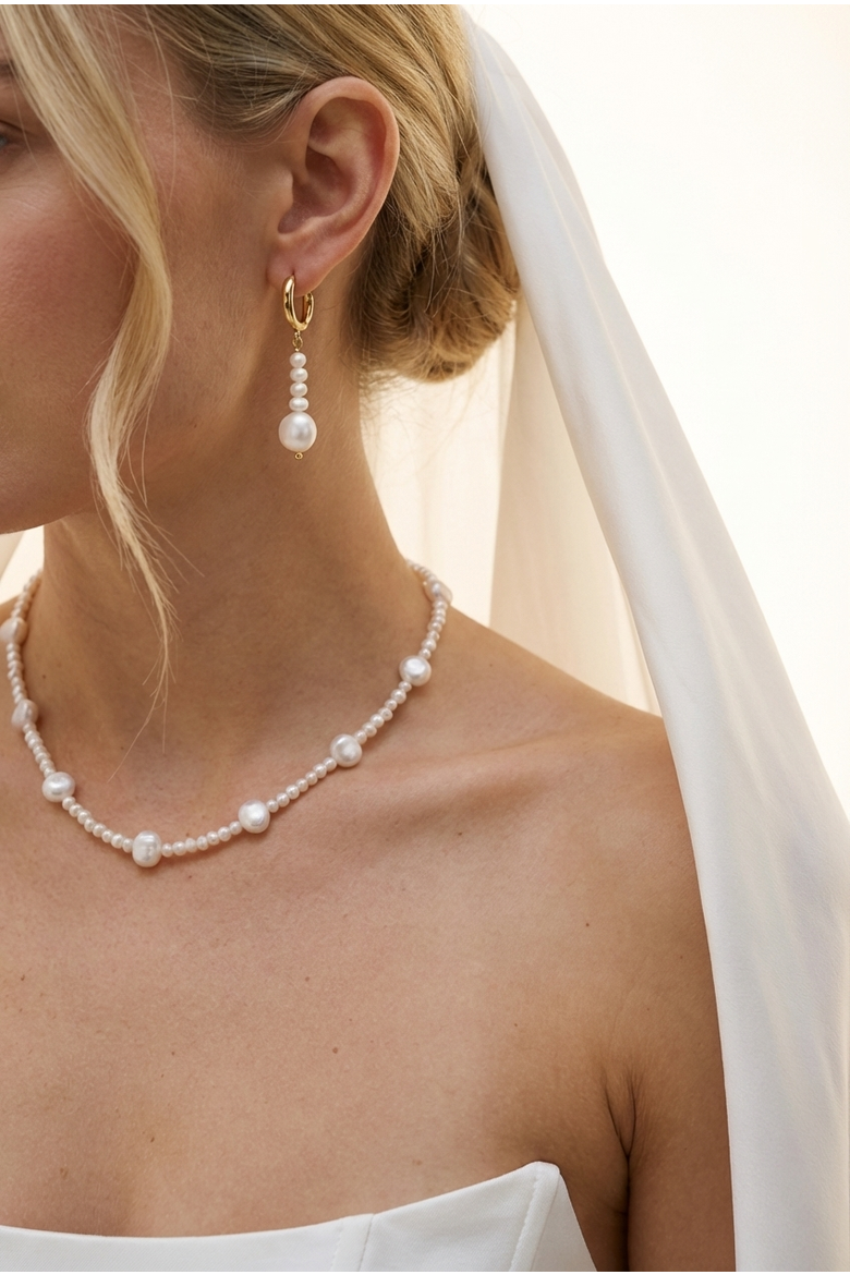 AAA Freshwater Pearl Strand Necklace & Pearl Drop Hoop Earring Set, Alternate, color, Metallic Gold