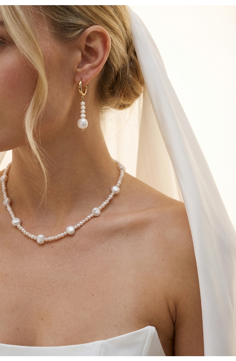 Joey Baby AAA Freshwater Pearl Strand Necklace & Pearl Drop Hoop Earring Set, Alternate, color, Metallic Gold