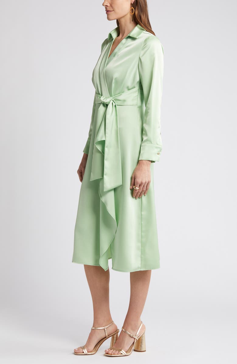 Tahari ASL Ruffle Front Long Sleeve Midi Shirtdress, Alternate, color, Moss