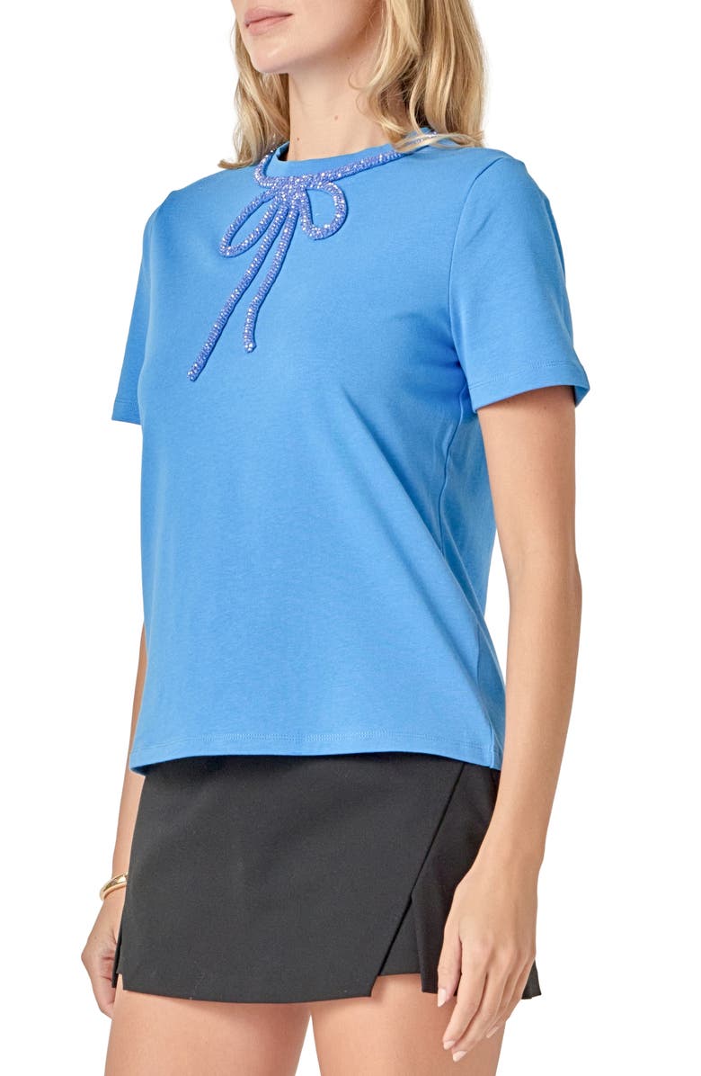 English Factory Beaded Bow Cotton T-Shirt, Alternate, color, Blue