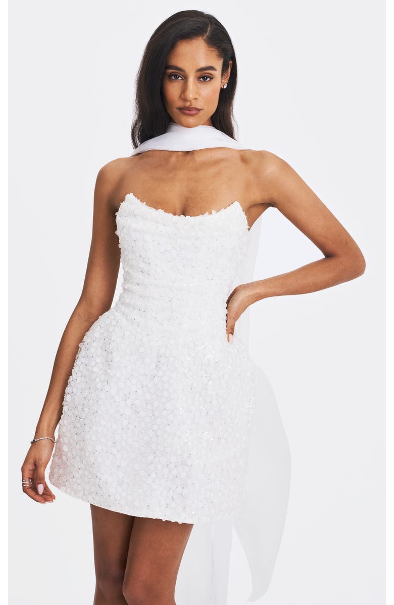 Miss Circle Tressa Beaded Mesh Strapless Mini Dress, Alternate, color, White