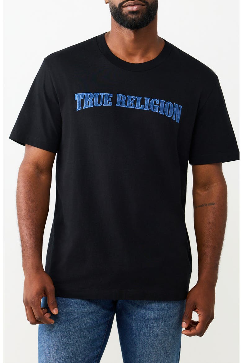 Denim Appliqué Graphic T-Shirt, Main, color, JET BLACK