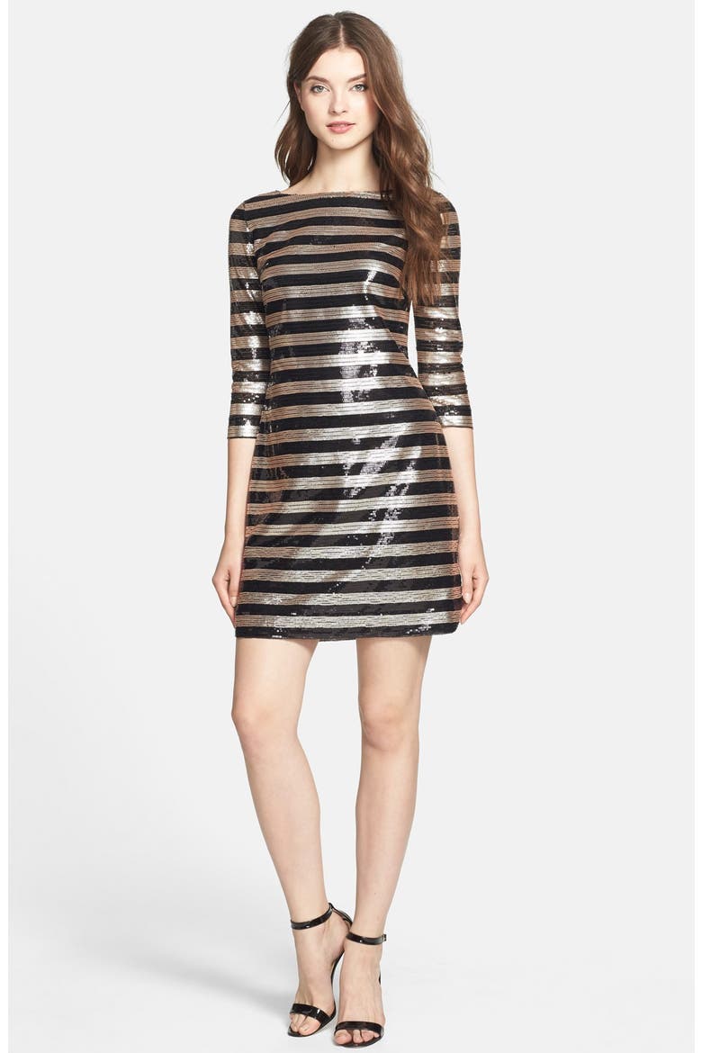 Stripe Sequin Shift Dress, Alternate, color, BLACK/ ROSE GOLD