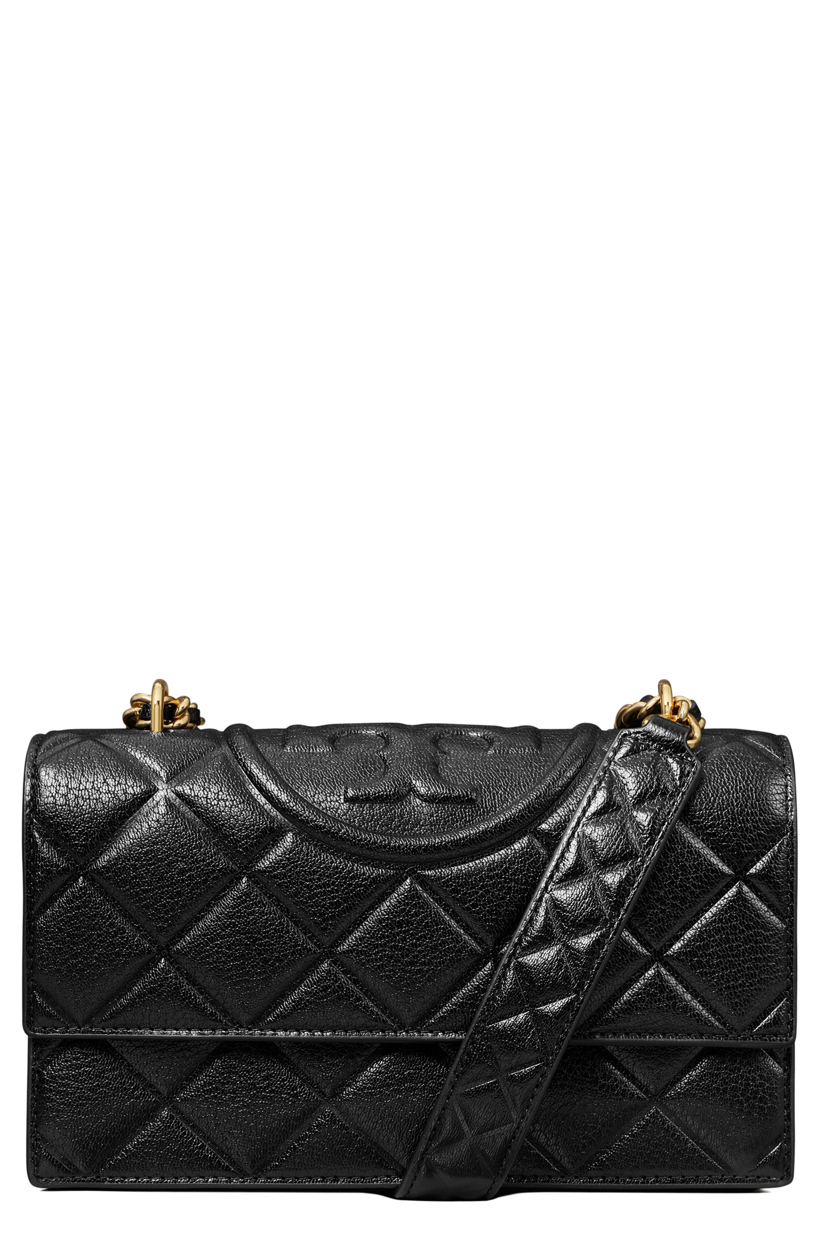 Tory Burch Small Fleming Diamond Quilted Leather Convertible Shoulder Bag, Main, color, Black