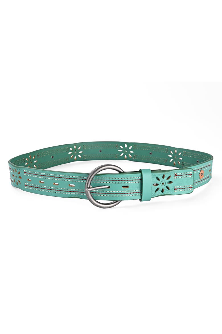 Blossom Genuine Leather Stitched Perforated Detail Belt, Alternate, color, Aqua