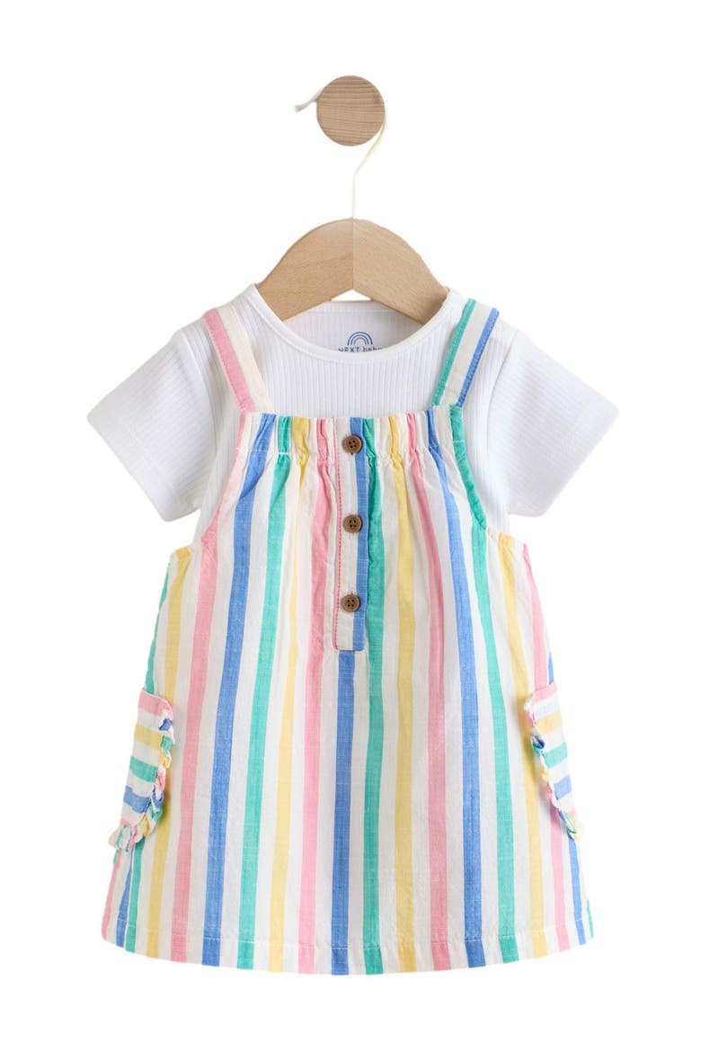 Kids' Bodysuit & Rainbow Stripe Cotton Pinafore Dress Set, Alternate, color, RAINBOW STRIPE MULTI