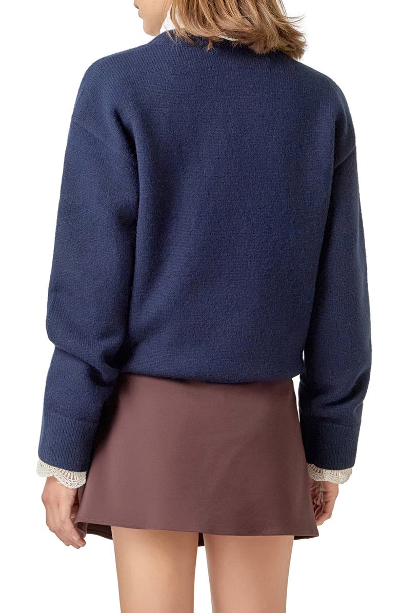 English Factory Faux Pearl Heart Crewneck Sweater, Alternate, color, Navy