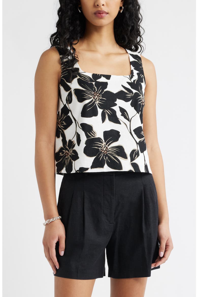 Square Neck Sleeveless Linen Blend Top, Main, color, WHITE- BLACK TROP BLOOM