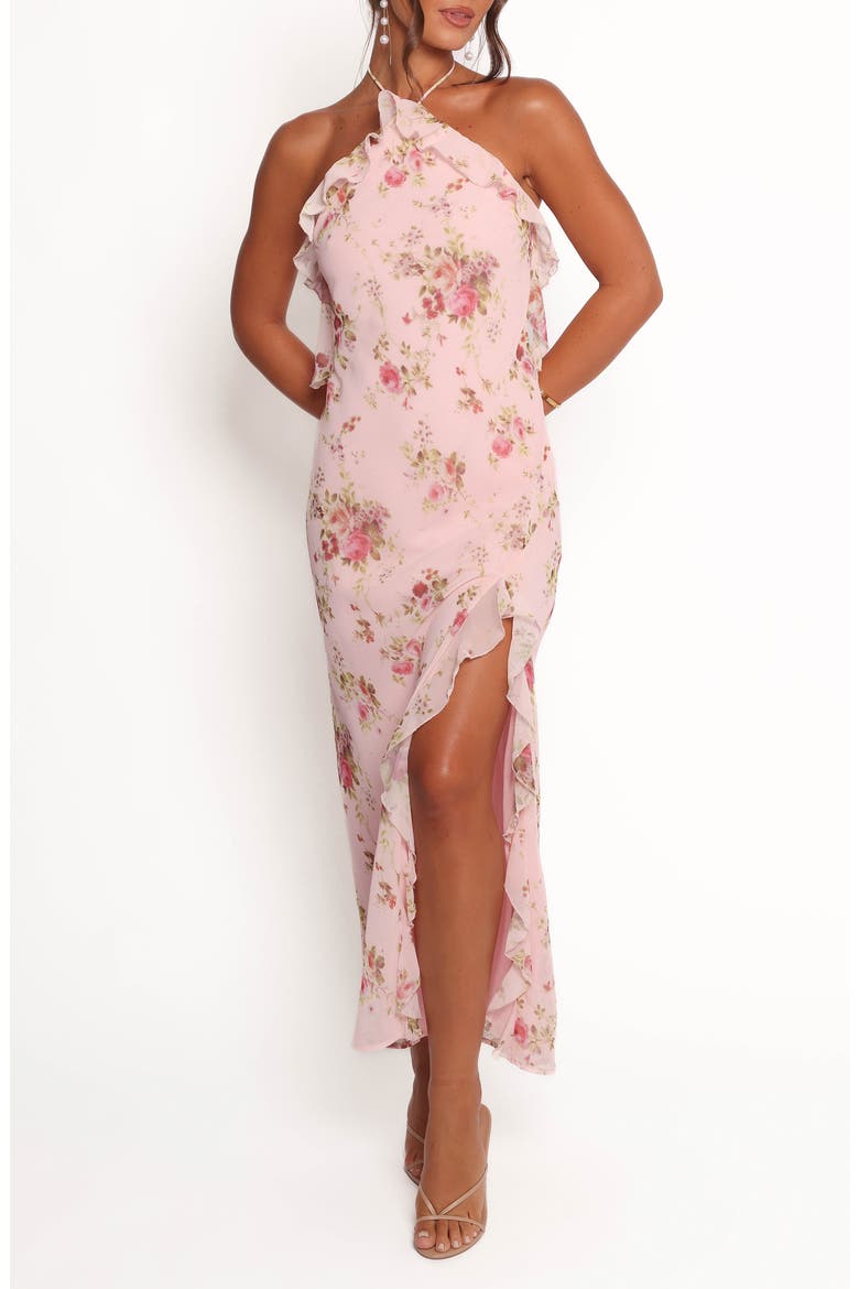 Patricia Ruffle Detail Halter Neck Maxi Dress, Main, color, PALE PINK FLORAL