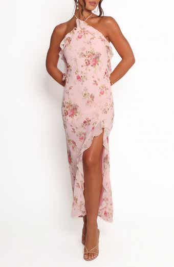 strappy halter neck ruffle trim asymmetric hem pleated maxi dress Mauve Halter Neck Asymmetrical Ruffle Hem Midi Dress