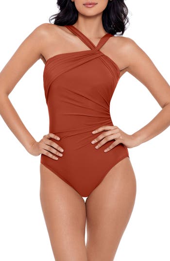 Miraclesuit Rock Solid Europa Asymmetric Underwire One Piece Swimsuit In Brown