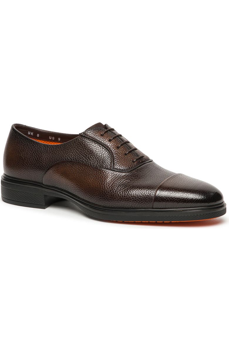 Santoni Pebbled Leather Cap Toe Oxford, Main, color, Dark Brown