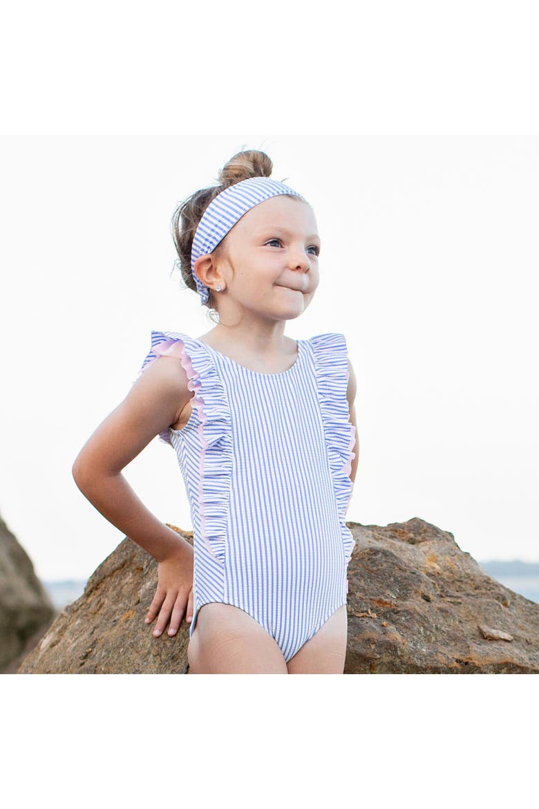 Girls Seersucker Waterfall One Piece, Alternate, color, Periwinkle Blue Seersucker