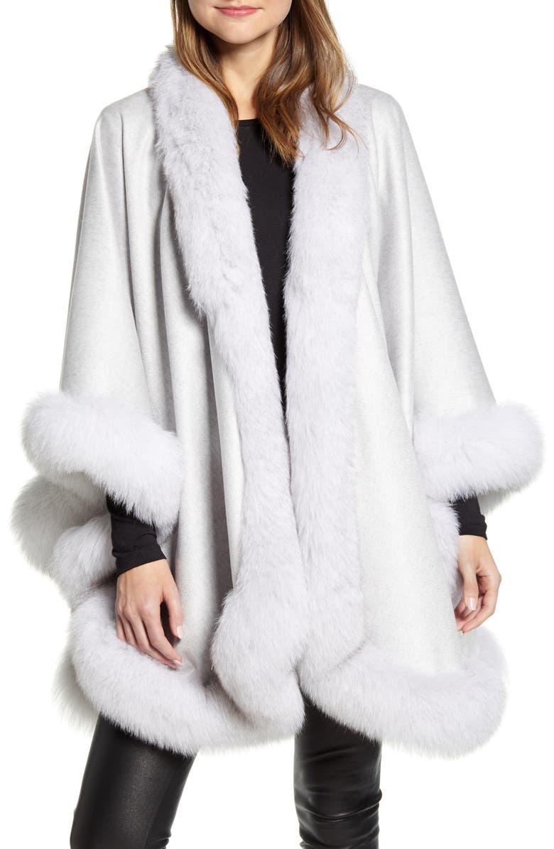Sofia Cashmere Genuine Fox Fur Trim Cashmere Cape, Main, color, 
