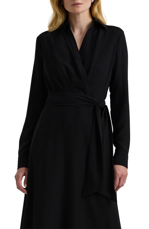 Ralph Lauren Lauren  Surplice Long Sleeve Georgette Midi Shirtdress In Black