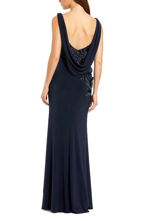 Mac Duggal Sleeveless Jersey Cowl Neck Gown With Beading In Navy
