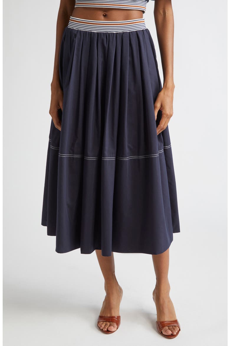 Evelina Topstitch Detail Cotton & Silk Skirt, Main, color, NAVY