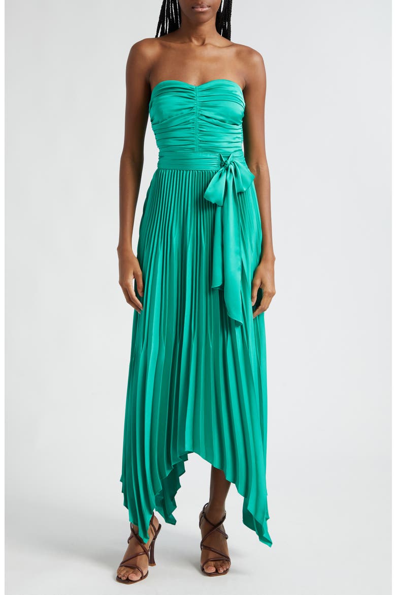 Fernanda Ruched Pleated Strapless Maxi Dress, Main, color, SEA GREEN