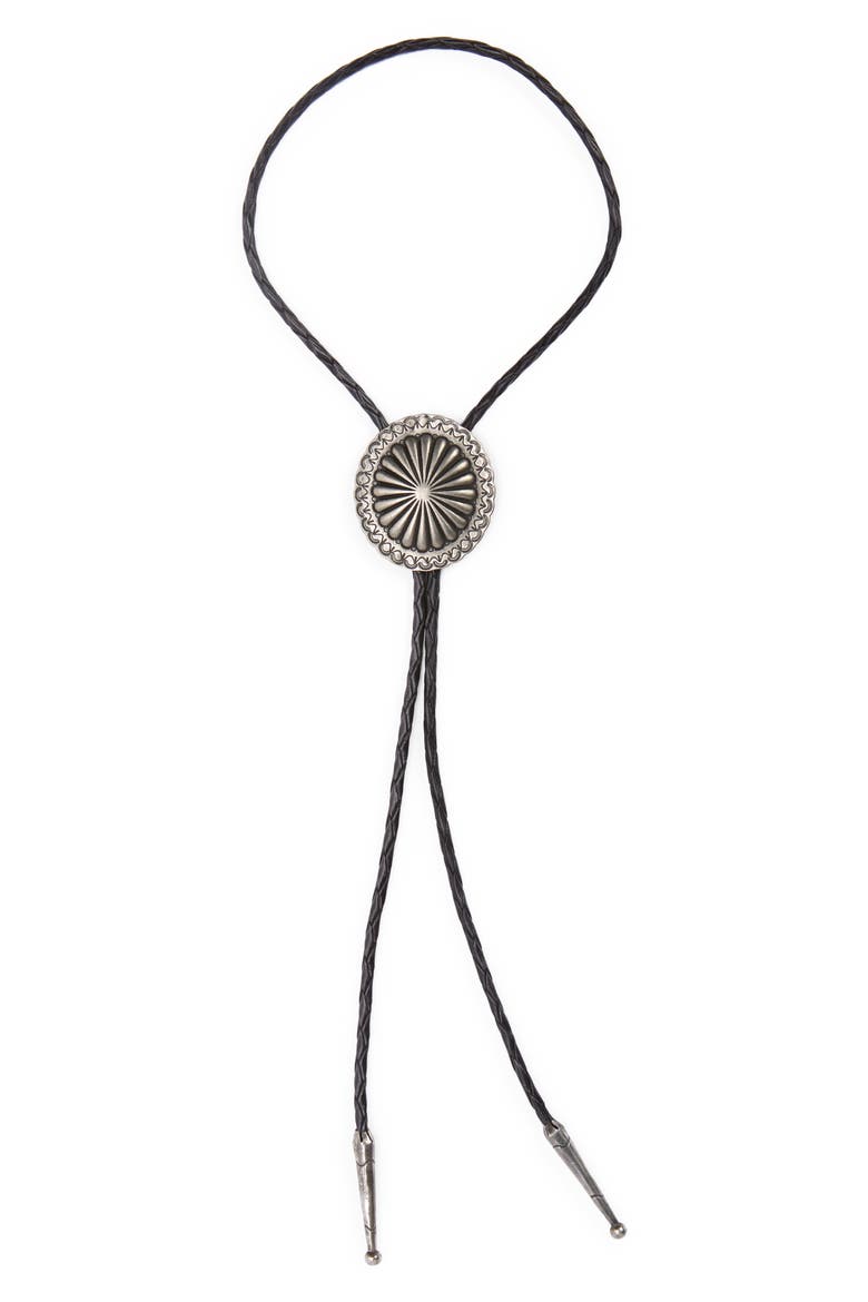Leather Bolo Tie with Concho, Main, color, BLACK/VTG SILVER