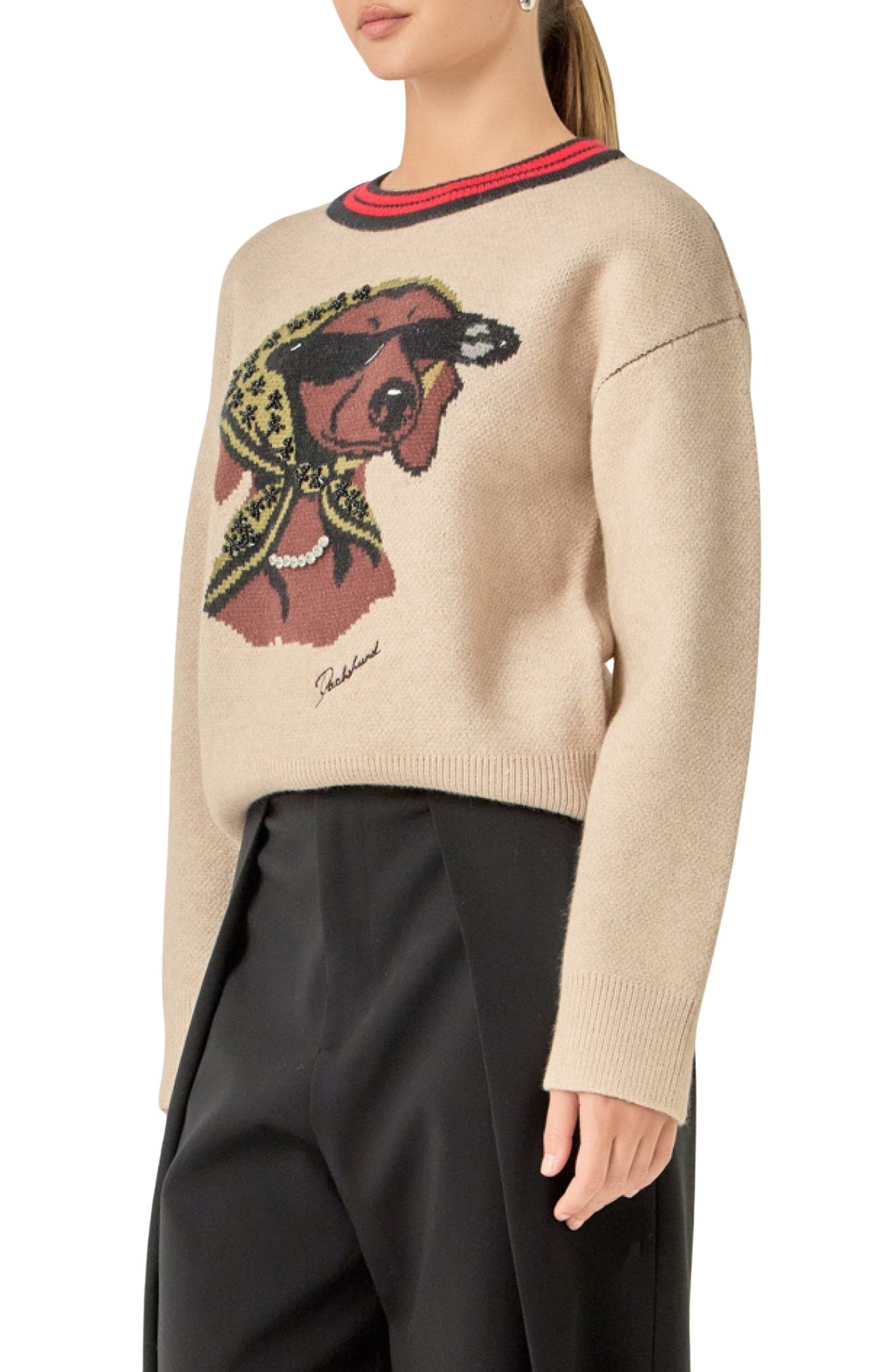 English Factory Beaded Dachshund Sweater (Women) | Nordstrom