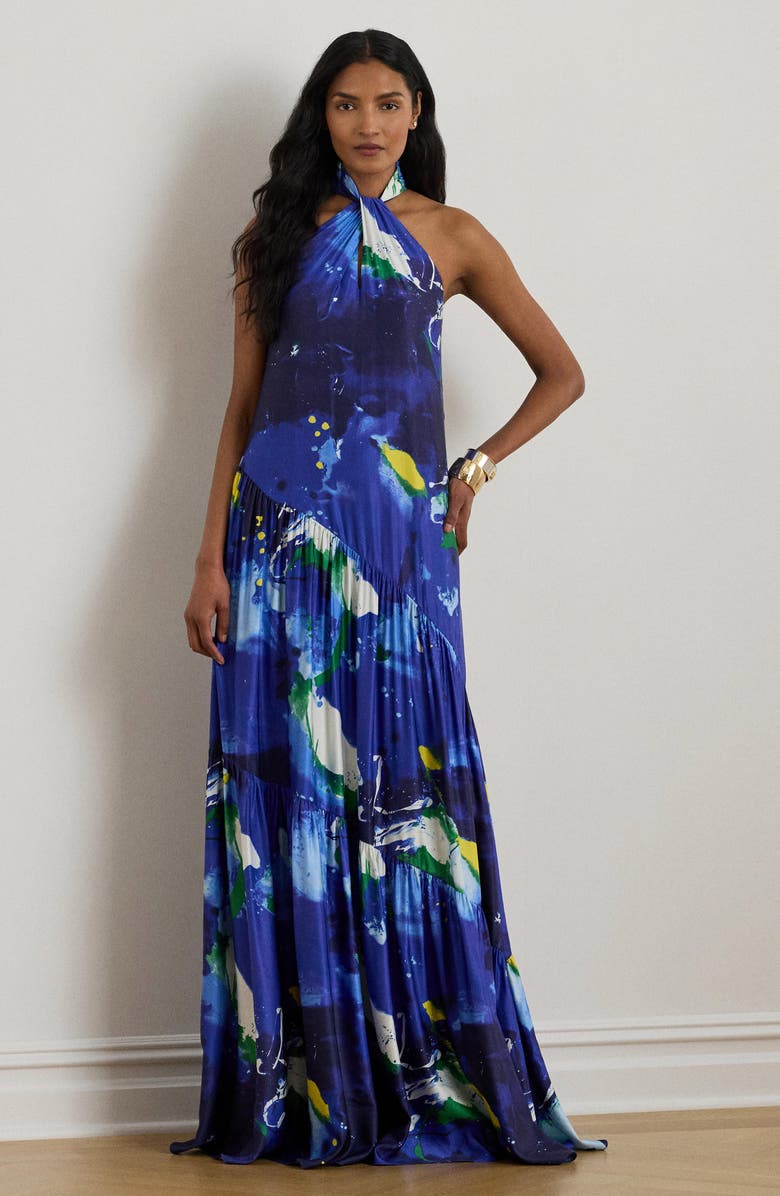 Lauren Ralph Lauren Mock Neck Tiered Gown, Alternate, color, Blue Multi