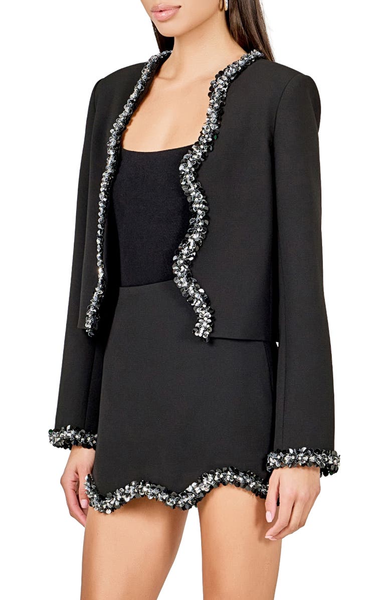 Endless Rose Rhinestone Detail Scallop Edge Jacket, Alternate, color, Black