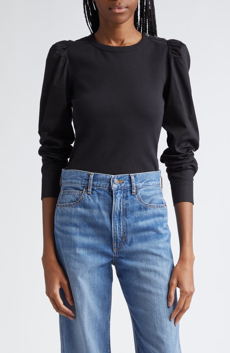 Veronica Beard Fersia Mixed Media Balloon Sleeve Top, Alternate, color, Black