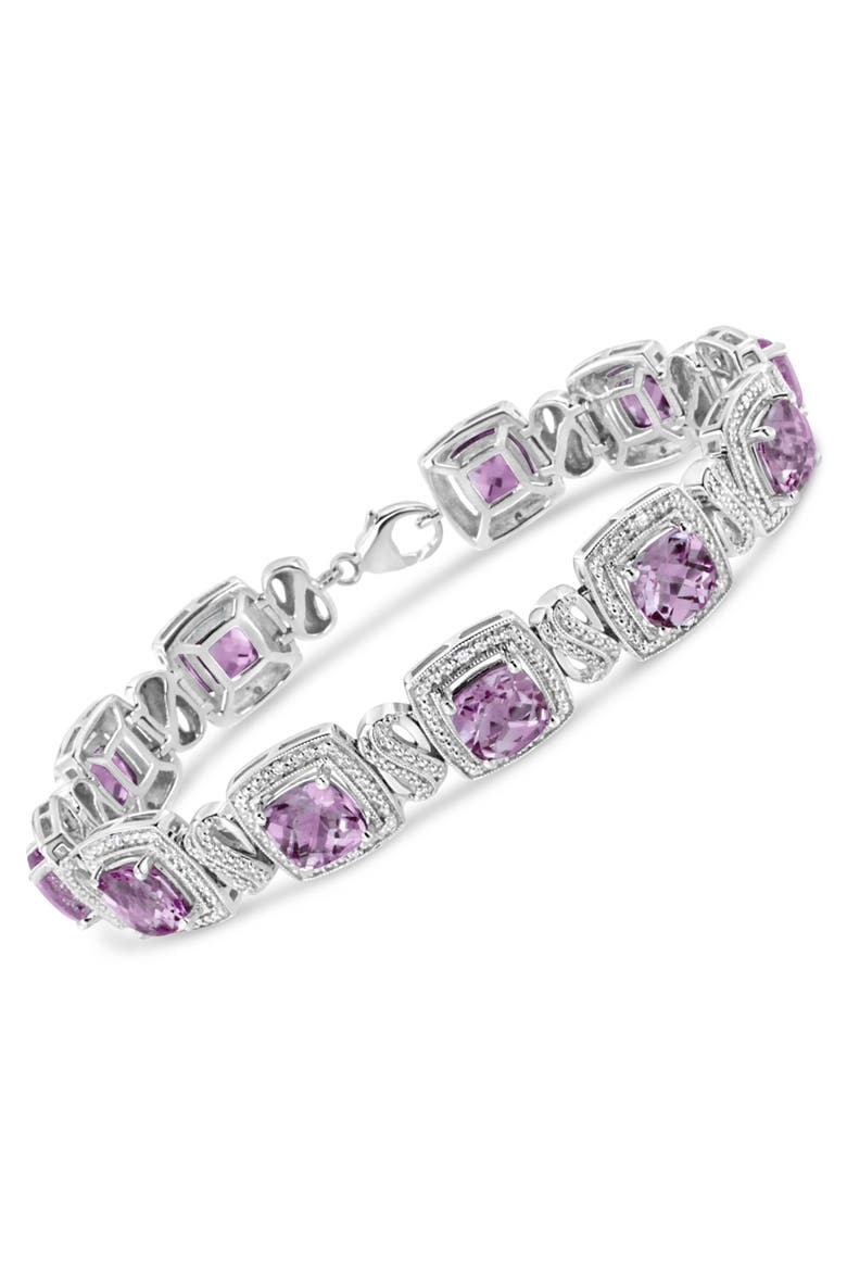 Silver 7x7 mm Cushion Purple Amethyst and 1/10 cttw Diamond Tennis Bracelet, Main, color, White