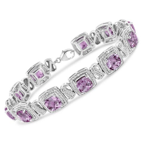 Silver 7x7 mm Cushion Purple Amethyst and 1/10 cttw Diamond Tennis Bracelet