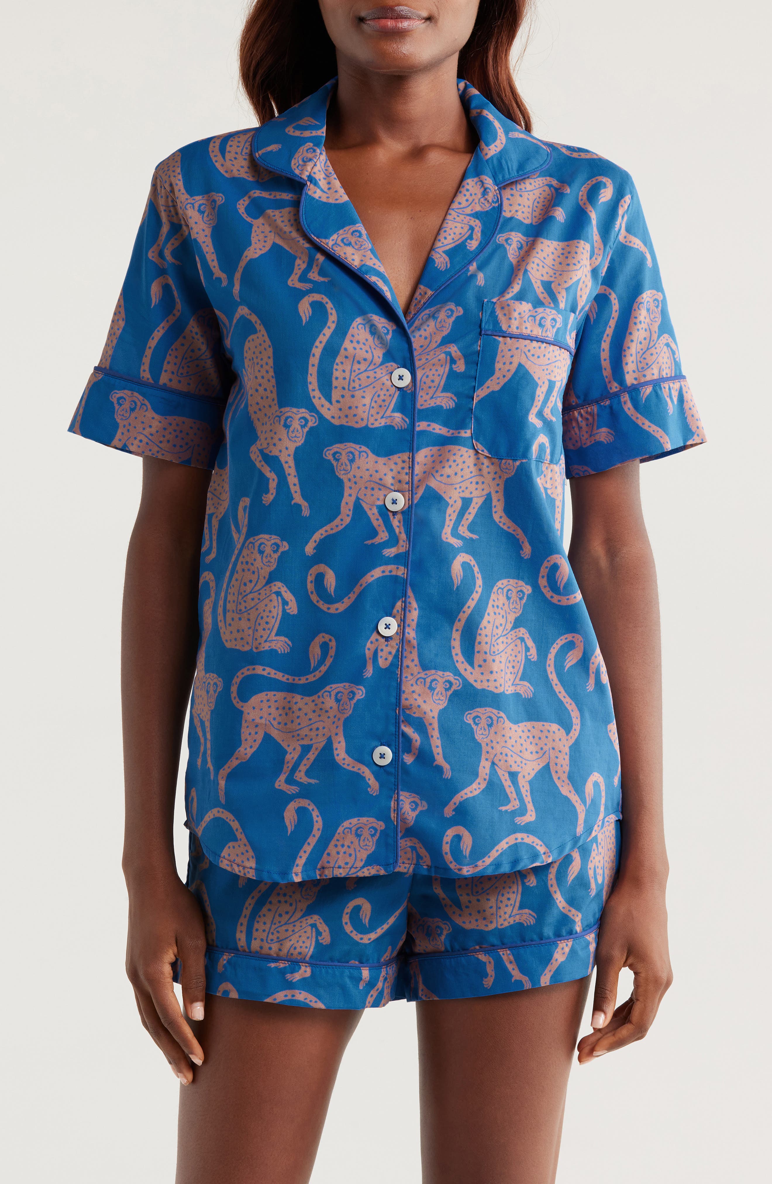 Desmond & Dempsey Print Cotton Short Pajamas in Chango Blue/pink 