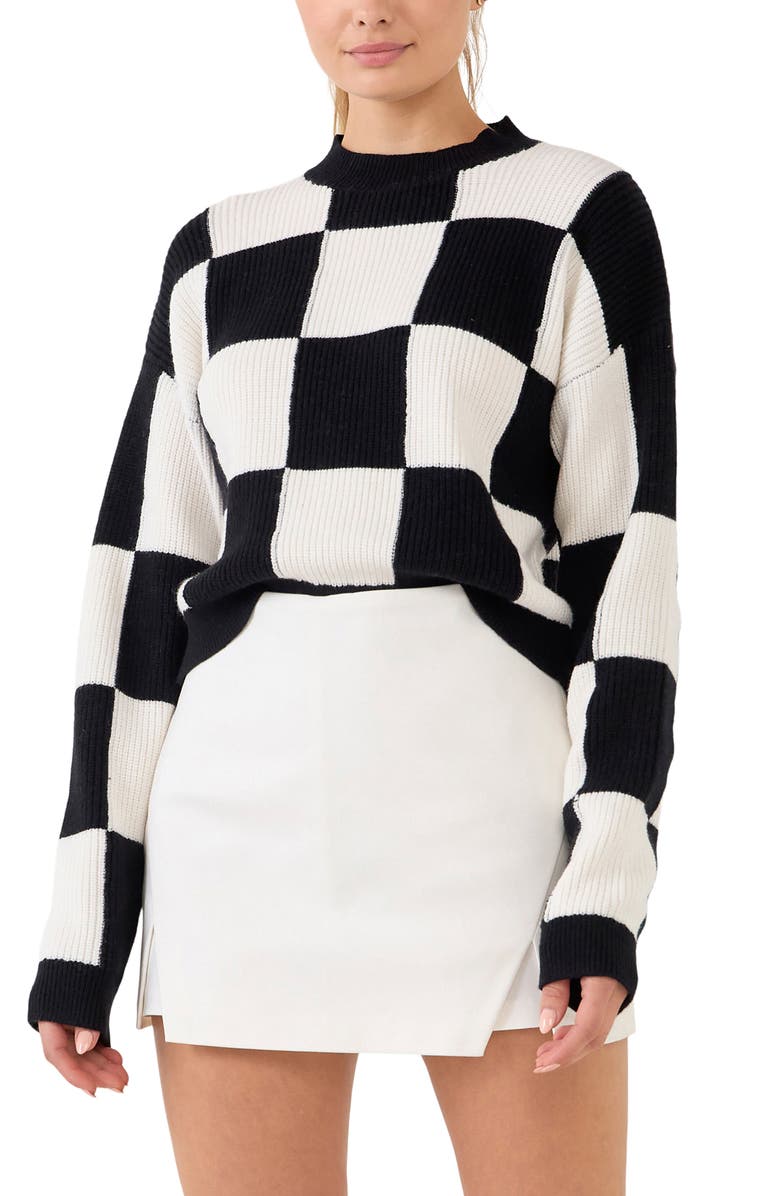 Grey Lab Checkerboard Cotton Blend Crewneck Sweater, Alternate, color, 