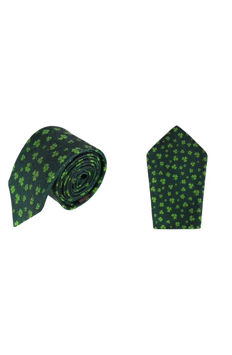 Trafalgar Green Shamrock Novelty Silk Pocket Square and Necktie Bundle, Main, color, Green