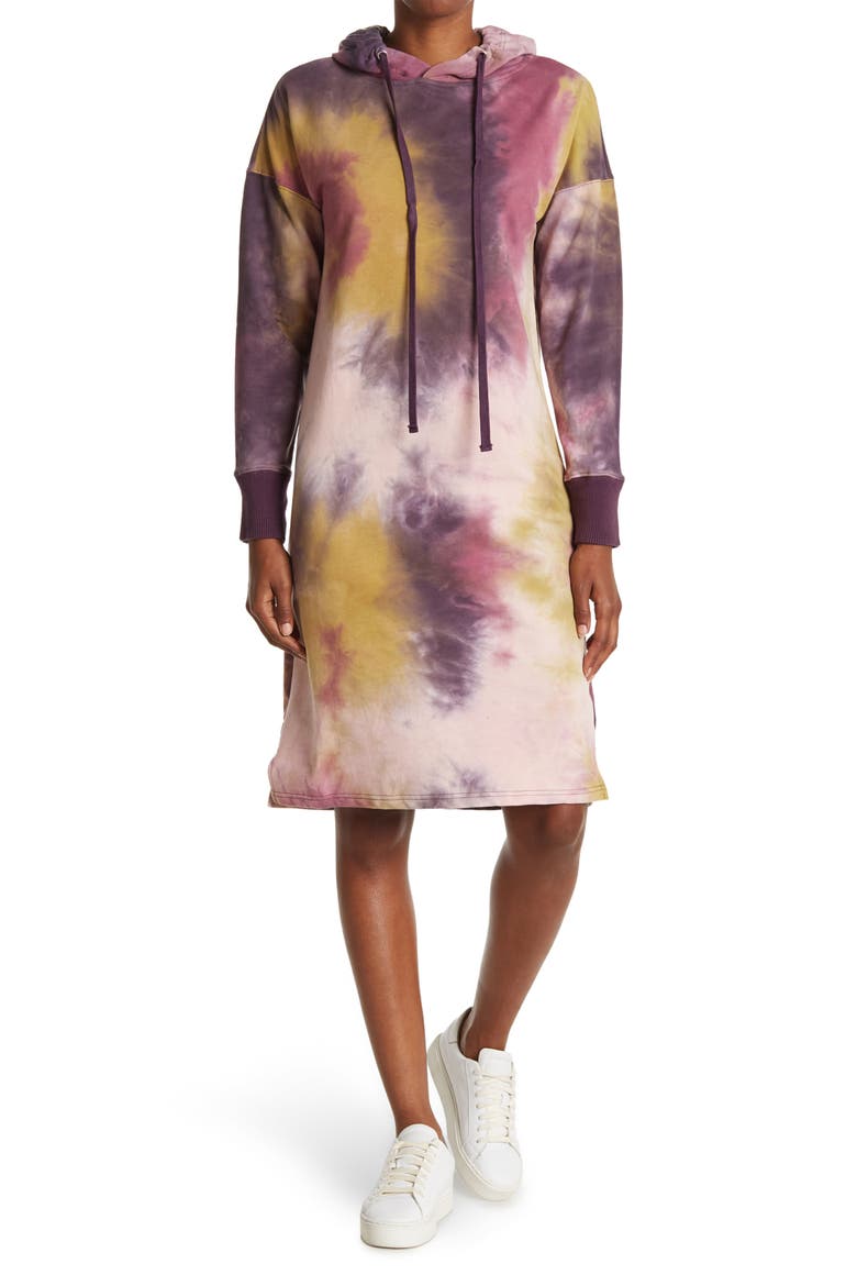 Tie-Dye Hooded Midi Sweatshirt Dress, Main, color, PLUM STORM
