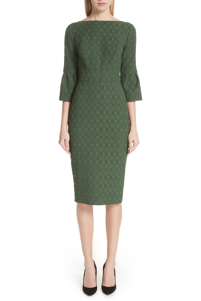 Flutter Sleeve Stretch Jacquard Sheath Dress, Main, color, OLIVE