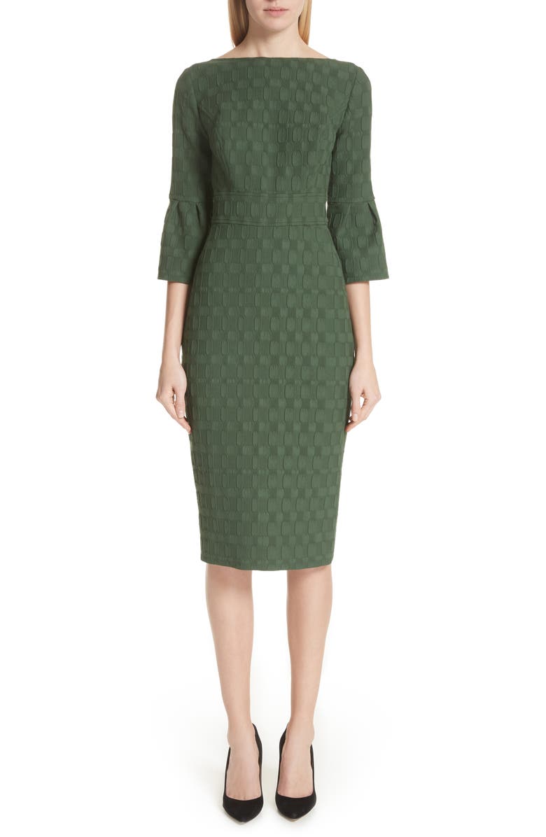 Lela Rose Flutter Sleeve Stretch Jacquard Sheath Dress, Main, color, 