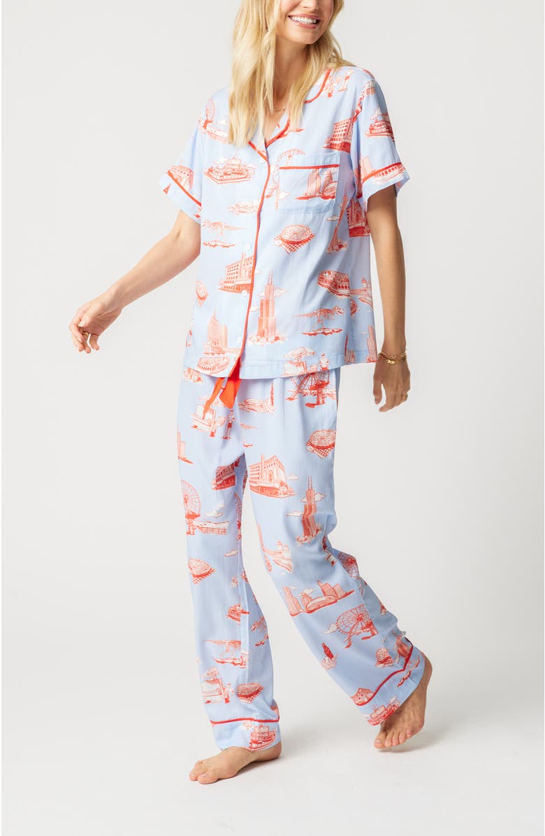 Katie Kime Chicago Toile Pants Set, Main, color, Light Blue