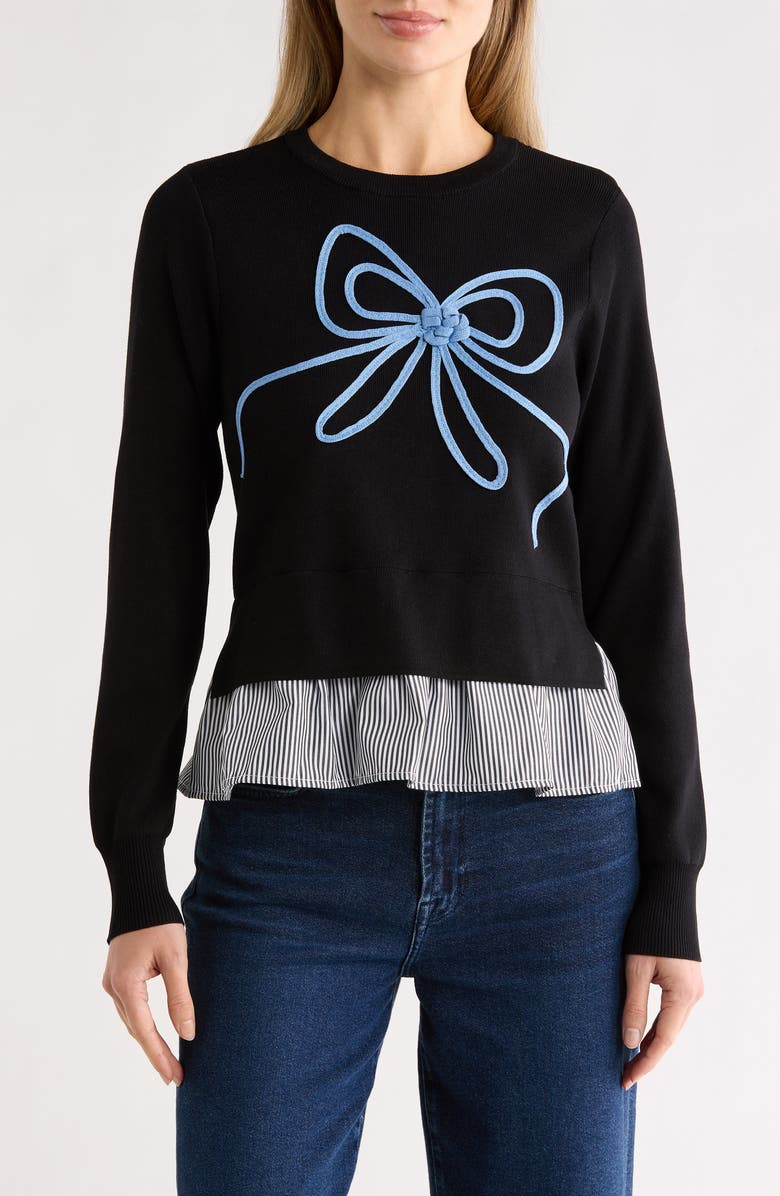 Nanette Lepore Soutache Bow Twofer Sweater, Main, color, Very Black/ Blue