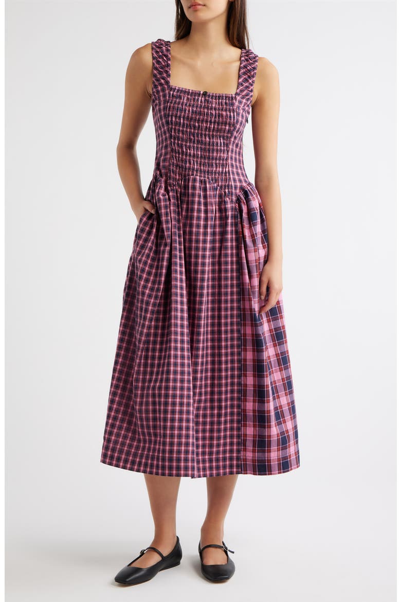 Mallory Plaid Smocked Midi Dress, Main, color, MAGENTA