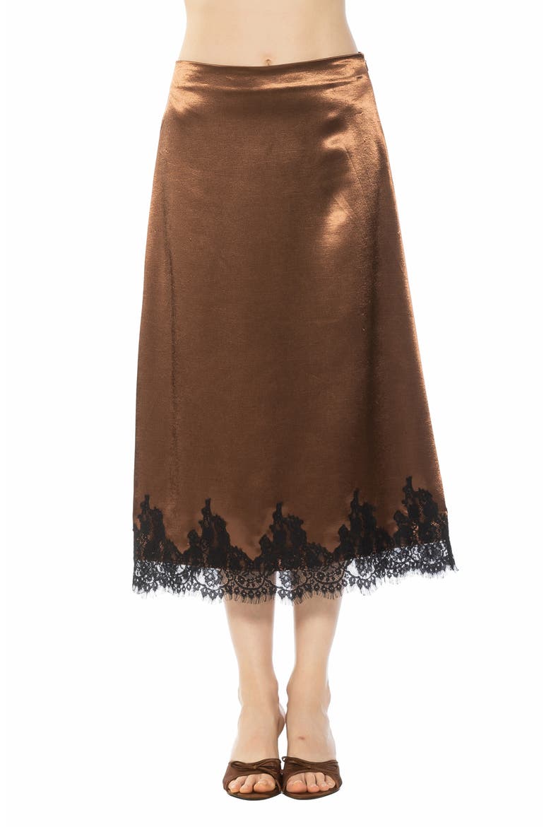 Serena Lace Trim Satin Midi Skirt, Alternate, color, BROWN