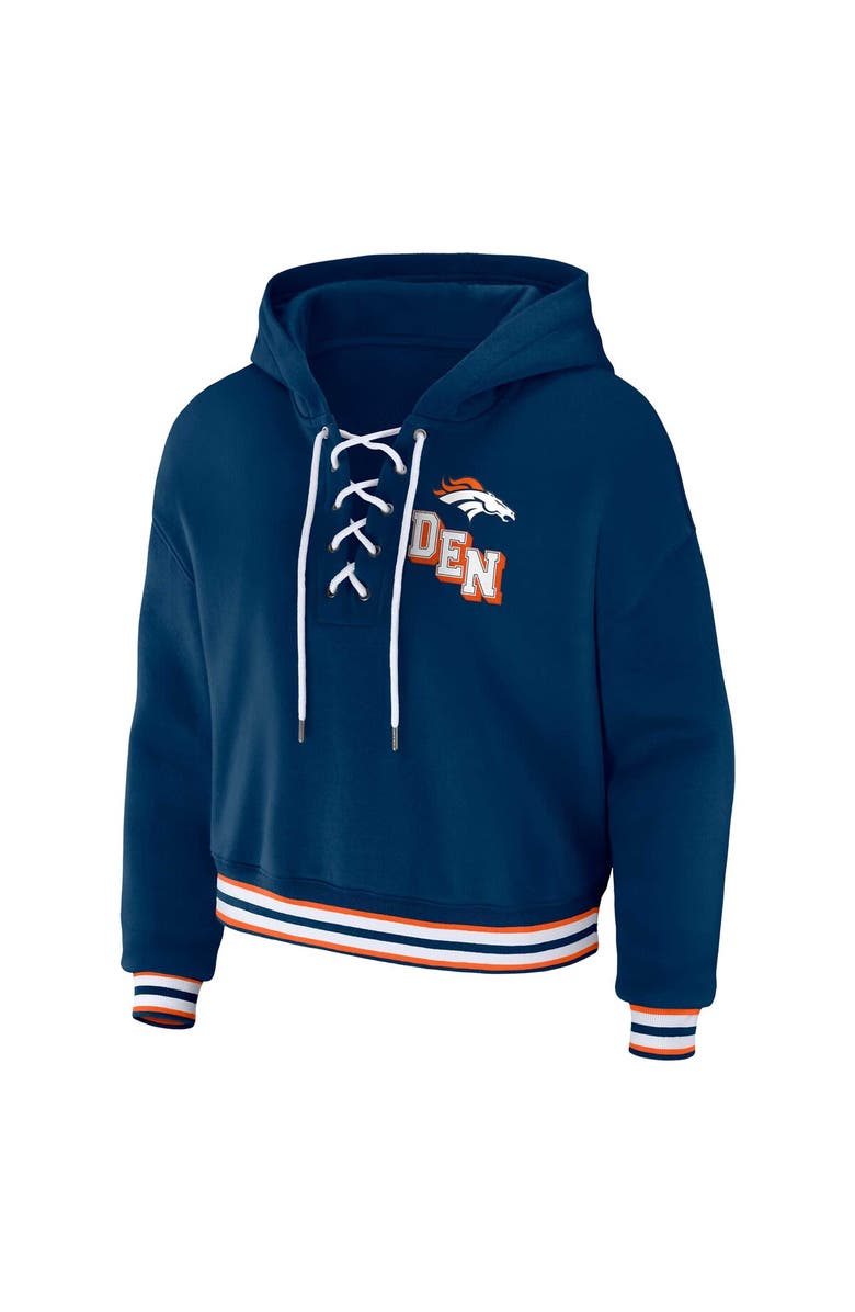 WEAR by Erin Andrews Women's WEAR by Erin Andrews Navy Denver Broncos Plus Size Lace-Up Pullover Hoodie, Alternate, color, Navy