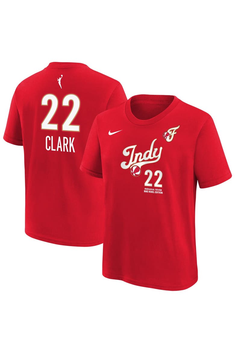 Youth Nike Caitlin Clark Red Indiana Fever Rebel Edition Name & Number T-Shirt, Main, color, Red